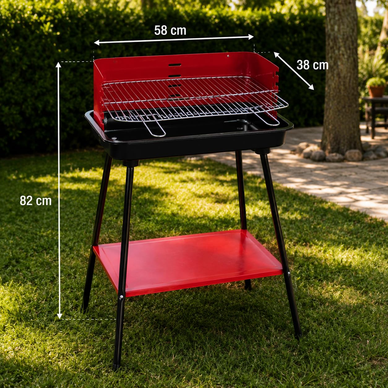 Barbecue Carbonella Rettangolare Stabile 4 Posizioni Cottura Griglia Cromata Rimovibile 53x34,5 cm Acciaio Carbonio