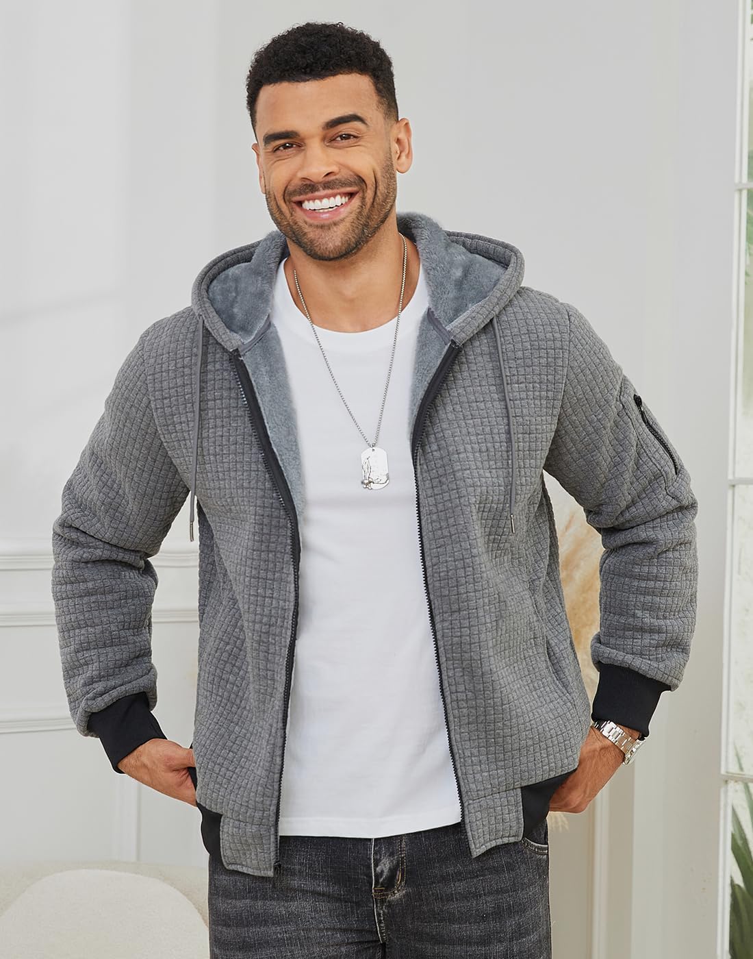Mens Zip Up Hoodie Sherpa Lined Sweatshirt Heavyweight Fleece Full-Zip Winter Warm Jackets - Image 3