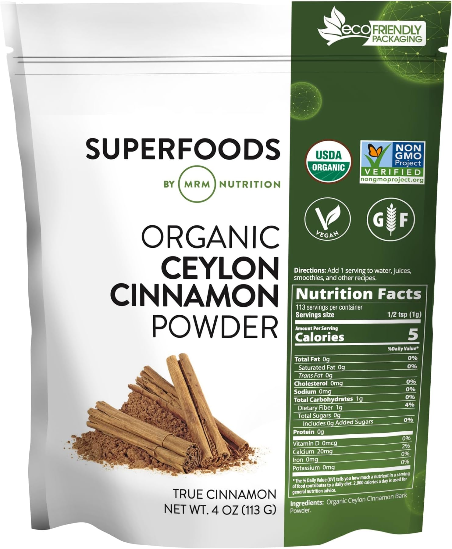 MRM Nutrition Organic Ceylon Cinnamon Powder | Superfoods | True Cinnamon | Antioxidants | Heart Health | Vegan + Gluten-Free | 113 Servings