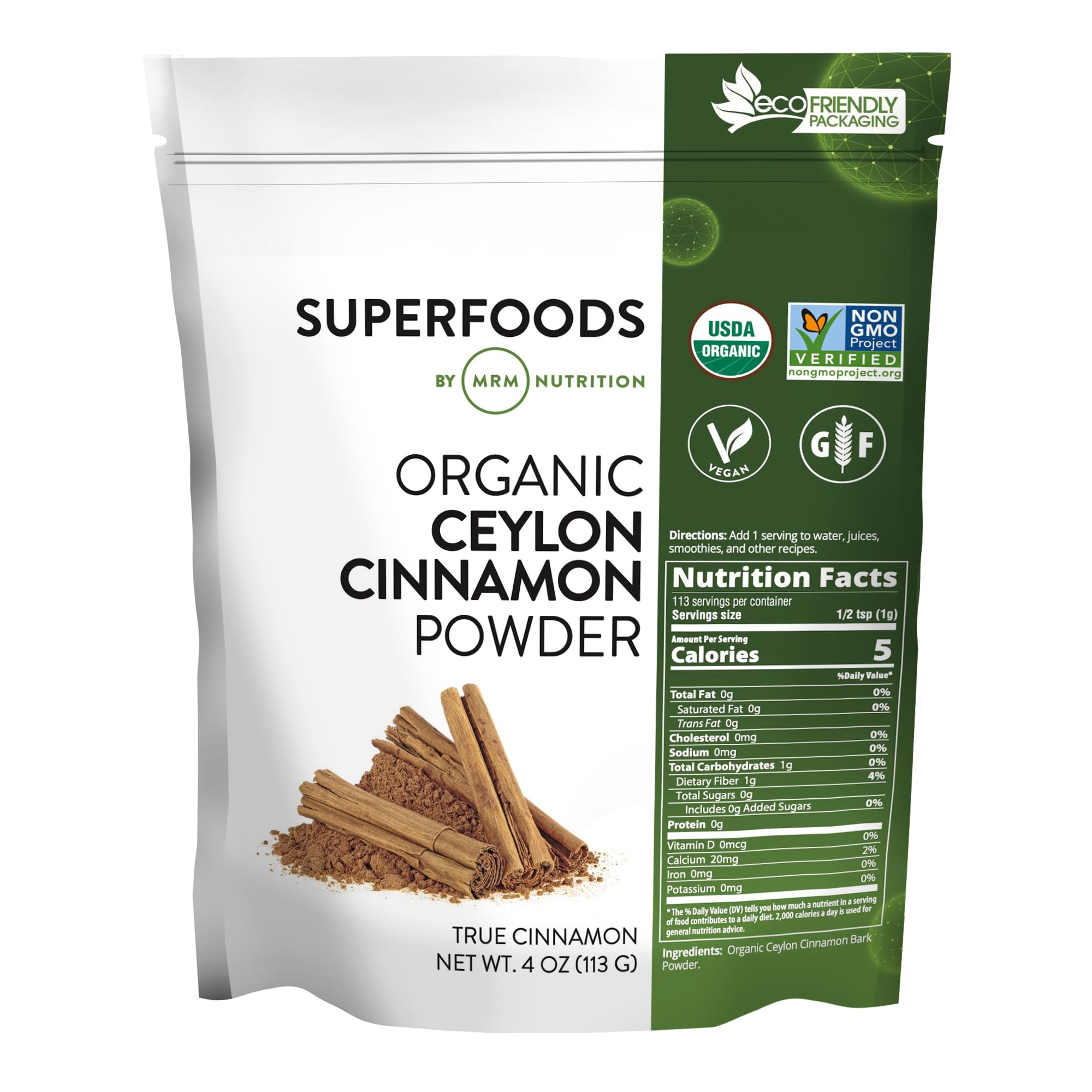MRM Nutrition Organic Ceylon Cinnamon Powder | Superfoods | True Cinnamon | Antioxidants | Heart Health | Vegan + Gluten-Free | 113 Servings