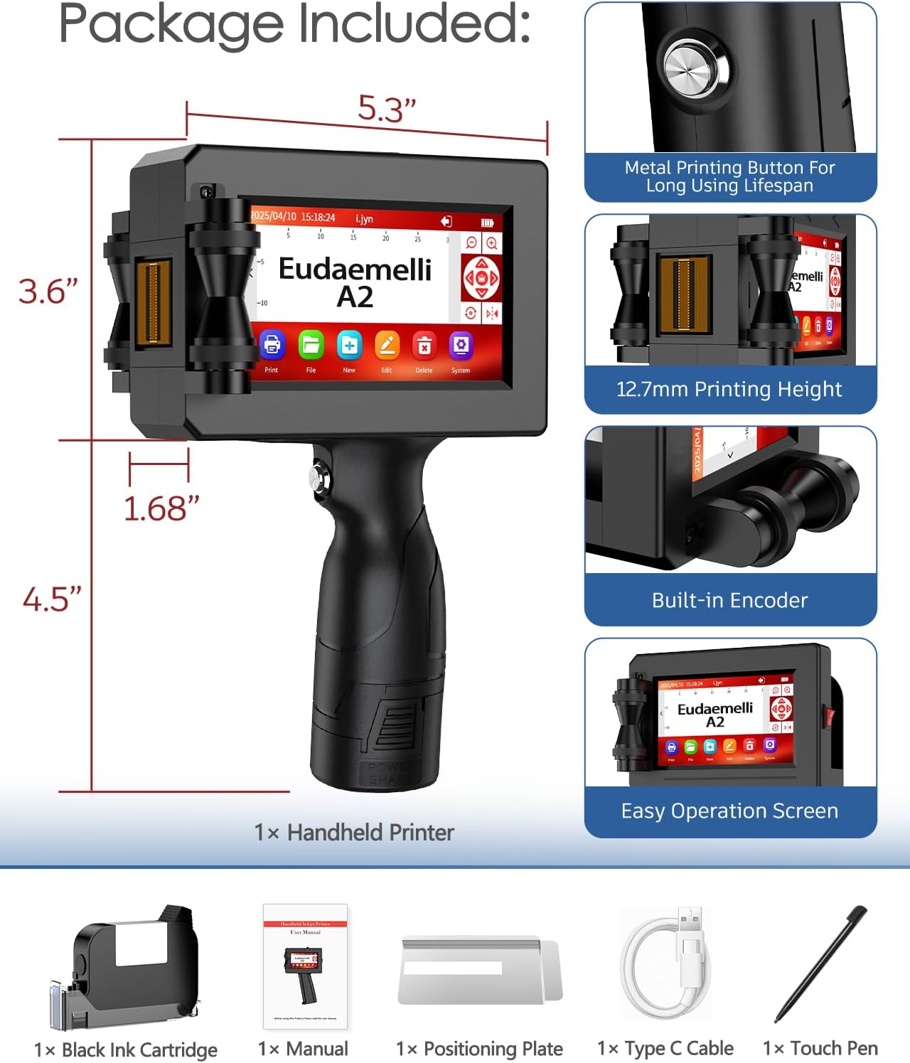 1" Handheld Inkjet Printer Gun,A2 Portable Ink Batch Coder with 42ml Fast-Drying Ink,4.3" Touch Screen Hand Held Printers for QR Code,Barcode,Batch Number,Text,Date Printer (Printing Height: 2-25.4mm)