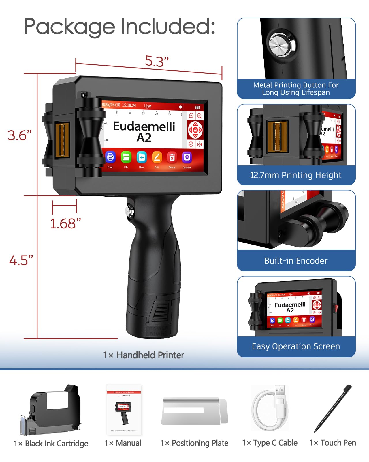 A2 Impresora de Mano Portátil, Impresora Portátil de Inyección con 42ML Cartucho de Tinta de Secado Rápido,Pulgadas para Texto QRCode/Código de barras/Número/Image（Altura impresión: 2-25,4 mm）