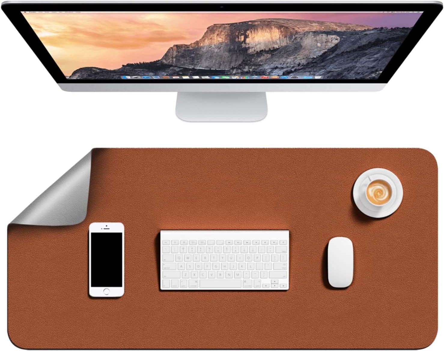 Hsurbtra Desk Pad, 31.5" x 15.7" Dual Side PU Leather Large Mouse Pad, Desk Protector, Desk Mat for Desktop, Desk Accessories for Women Office, Desk Supplies for Keyboard and Mouse, Brown and Grey