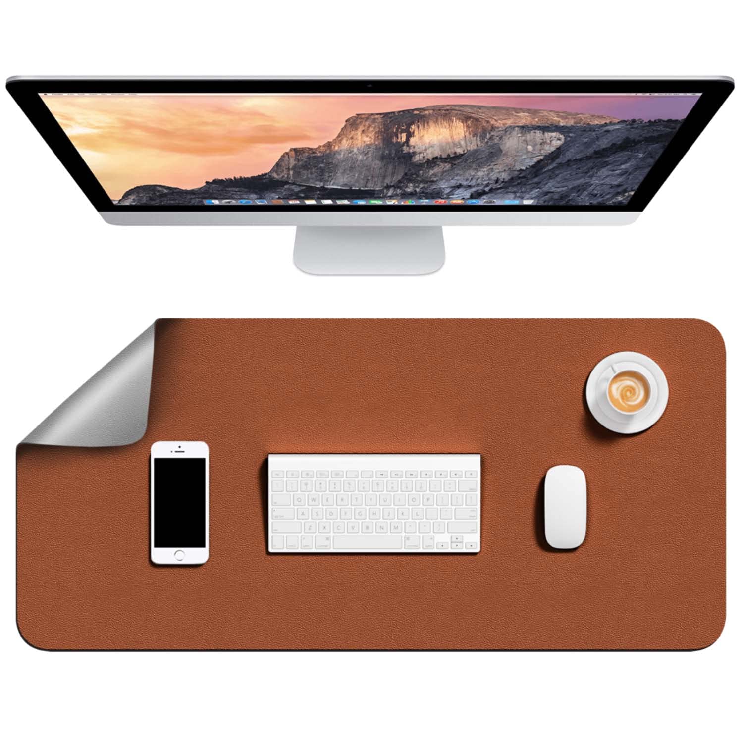 Hsurbtra Desk Pad, 31.5" x 15.7" Dual Side PU Leather Large Mouse Pad, Desk Protector, Desk Mat for Desktop, Desk Accessories for Women Office, Desk Supplies for Keyboard and Mouse, Brown and Grey