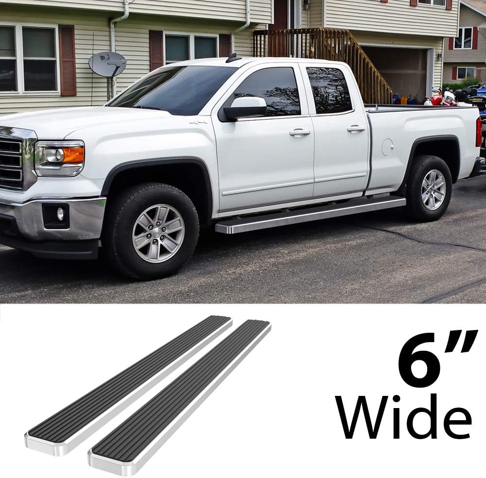 Wheel-to-Wheel Eboard Running Board 6" Silver Fits 2007-2018 Chevy Silverado/GMC Sierra Double Cab 8ft Bed/Extended Cab 8ft Bed (Nerf Bar | Side Steps | Side Bars)