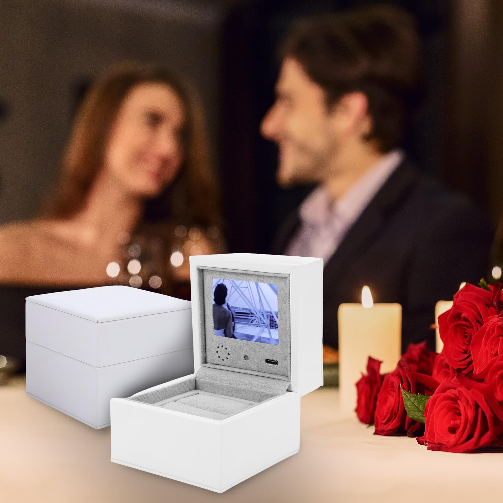Drfeify Caja de compromiso con pantalla LCD con reproductor de vídeo, para una propuesta de boda inolvidable y aniversario, blanco
