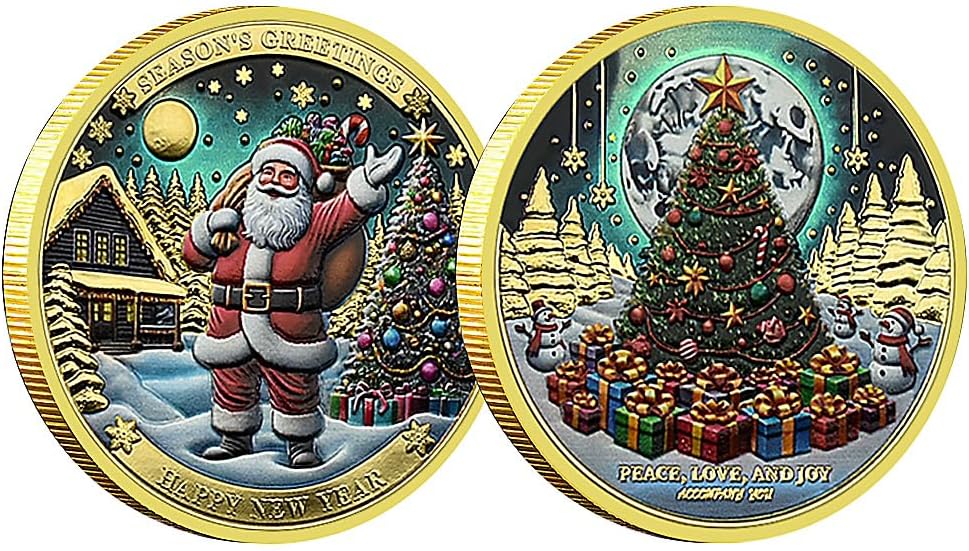2pc/Box Santa Claus Commemorative Coins Christmas Tree Bells Bear Metal 3D Craft Challenge Coins with Certificate and Gift Box Collectibles (Style 1-2pc-box)