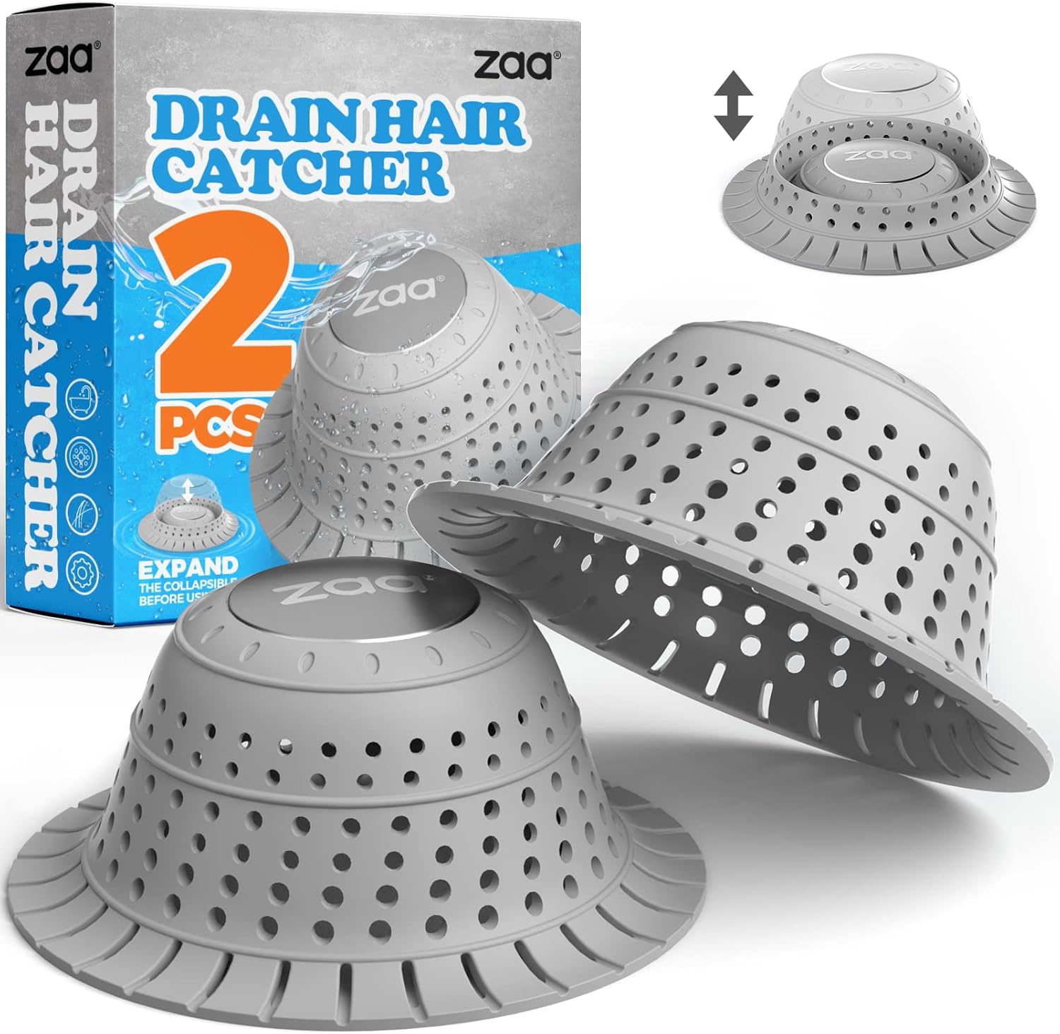 Bathtub Drain Hair Catcher, 2 Pack Silicone Drain Protector for Pop-Up and Regular Drains of Shower, Grey