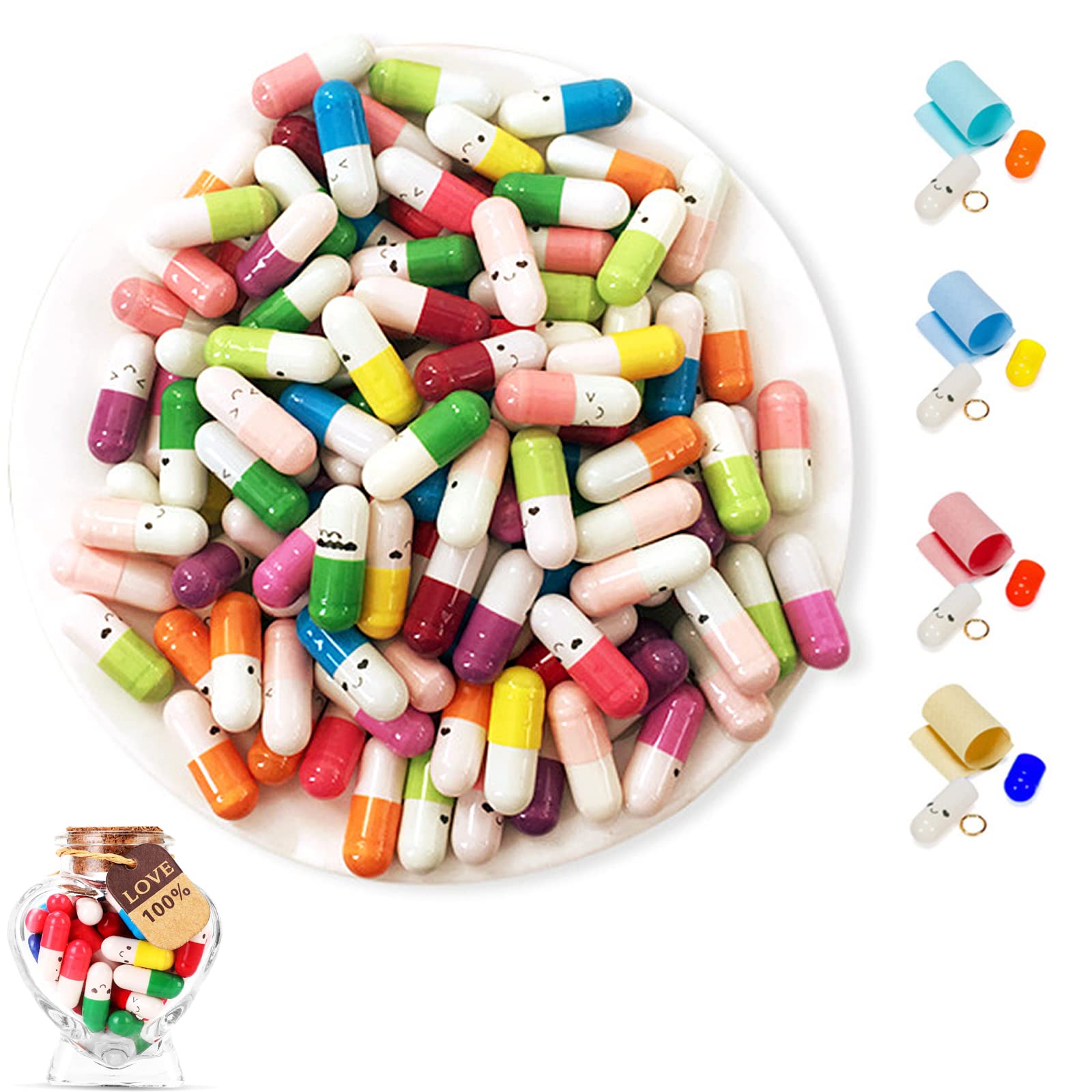 YUNYAN 200 Stück Brief Kapsel Nachrichts Kapsel Capsule Blank Message Letter Lächeln Gesicht Capsule Nachricht mit Gerollten Liebesbriefen Buchstaben Briefe Pillen für Liebhaber Freunde Mütter