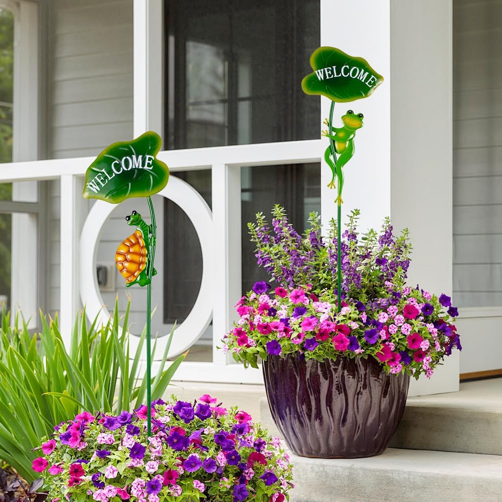 2Pack Frog Decorative Garden Stakes,Metal Tortoise Yard Art Decor for Outside Decor,Spring Outdoor Decor for Pathway,Lawn,Patio,Yard