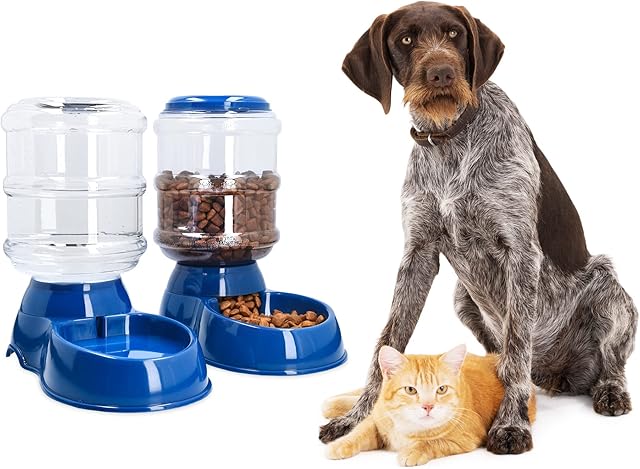 Navaris Automatic Pet Feeder Dispenser Set - 3.8L Outdoor Pet Food and Water Dispensers Bottles for Dog, Cat, Puppy, Kitten - Set of 2 - Dark Blue
