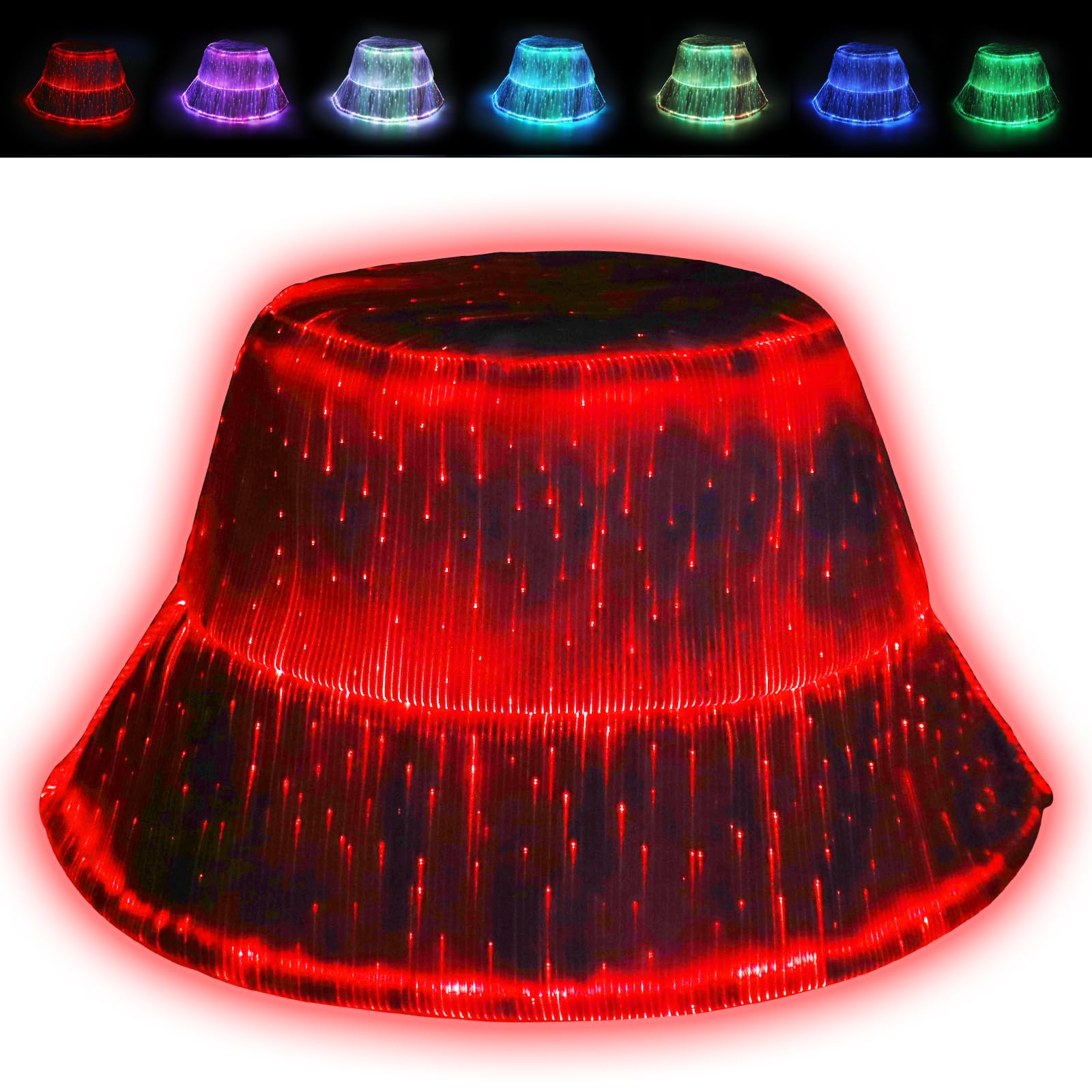 LED Bucket hat, Rave hat with Light up hat 7 Colors Crazy hat, Glowing in The Dark hat with USB Rechargeable Festival hat