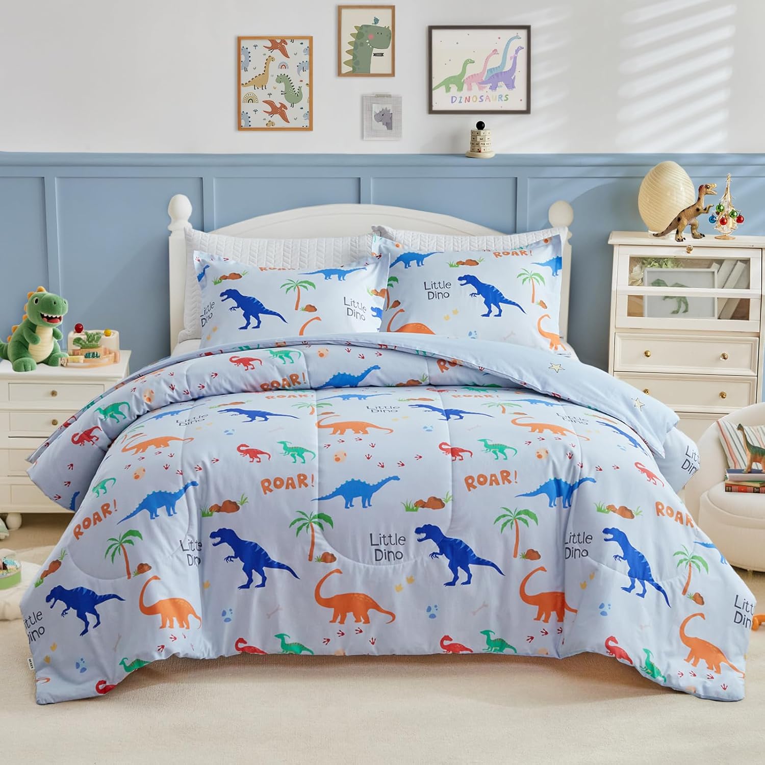 Joyreap Cotton Comforter Set Queen, Colorful Dinosaurs Orange n White Design, 3pcs Kids Bedding Set for All Season- 88x88 inches