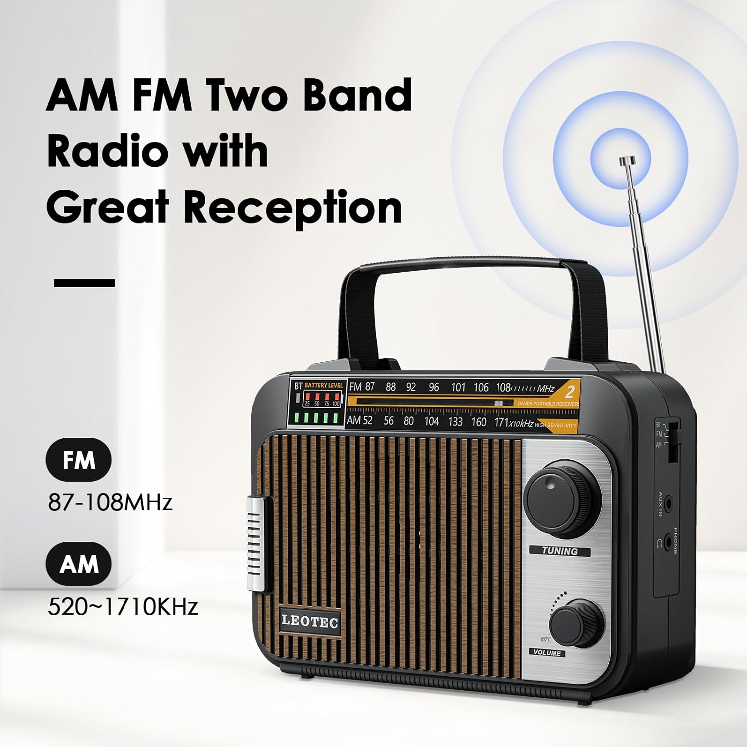 LEOTEC radio displaying AM and FM frequency bands, highlighting the range of 52-171kHz for AM and 87-108MHz for FM.
