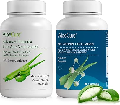 AloeCure Organic Aloe Vera Capsules 2 Pack - Aloe Capsules 1btl x 30caps, Melatonin 1btl