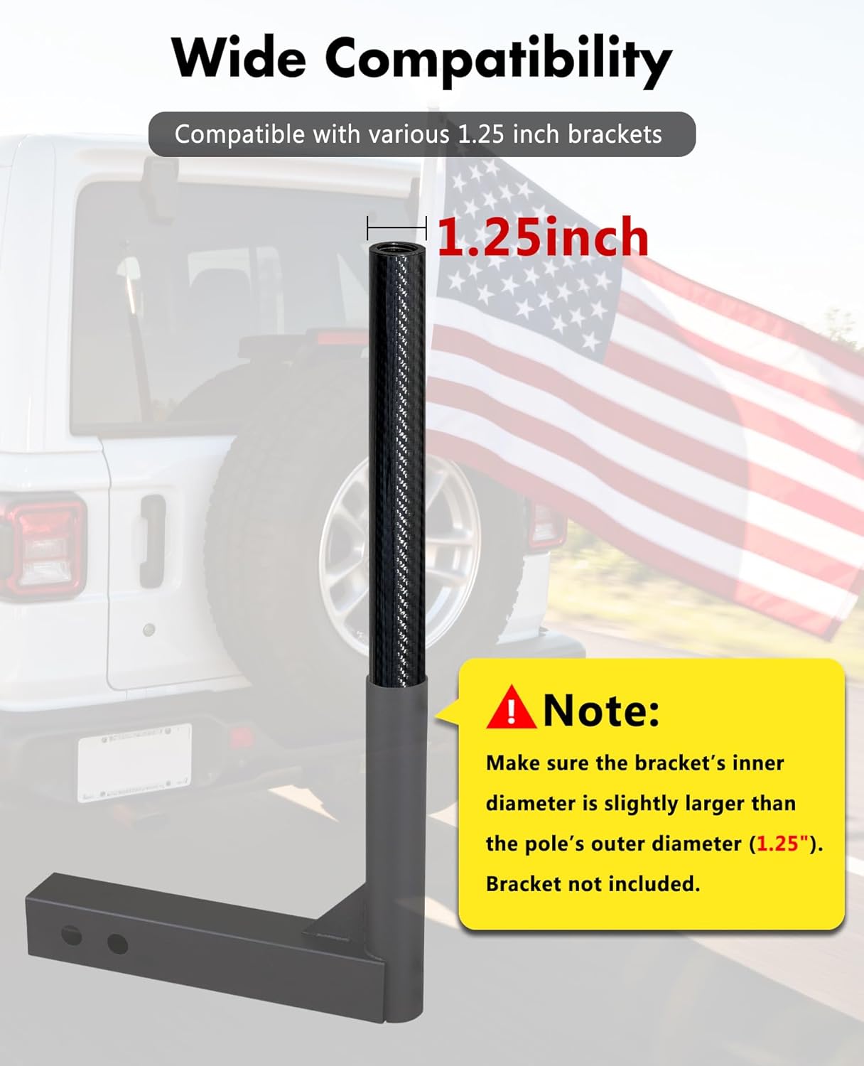 (1.25 Inch Dia.) 6 Foot Flag Pole for Truck, Car, Pickup, Jeep, Trailer, RV, SUV, Heavy Duty Carbon Fiber Flagpole, Weatherproof, Without Holder, Black - Image 2