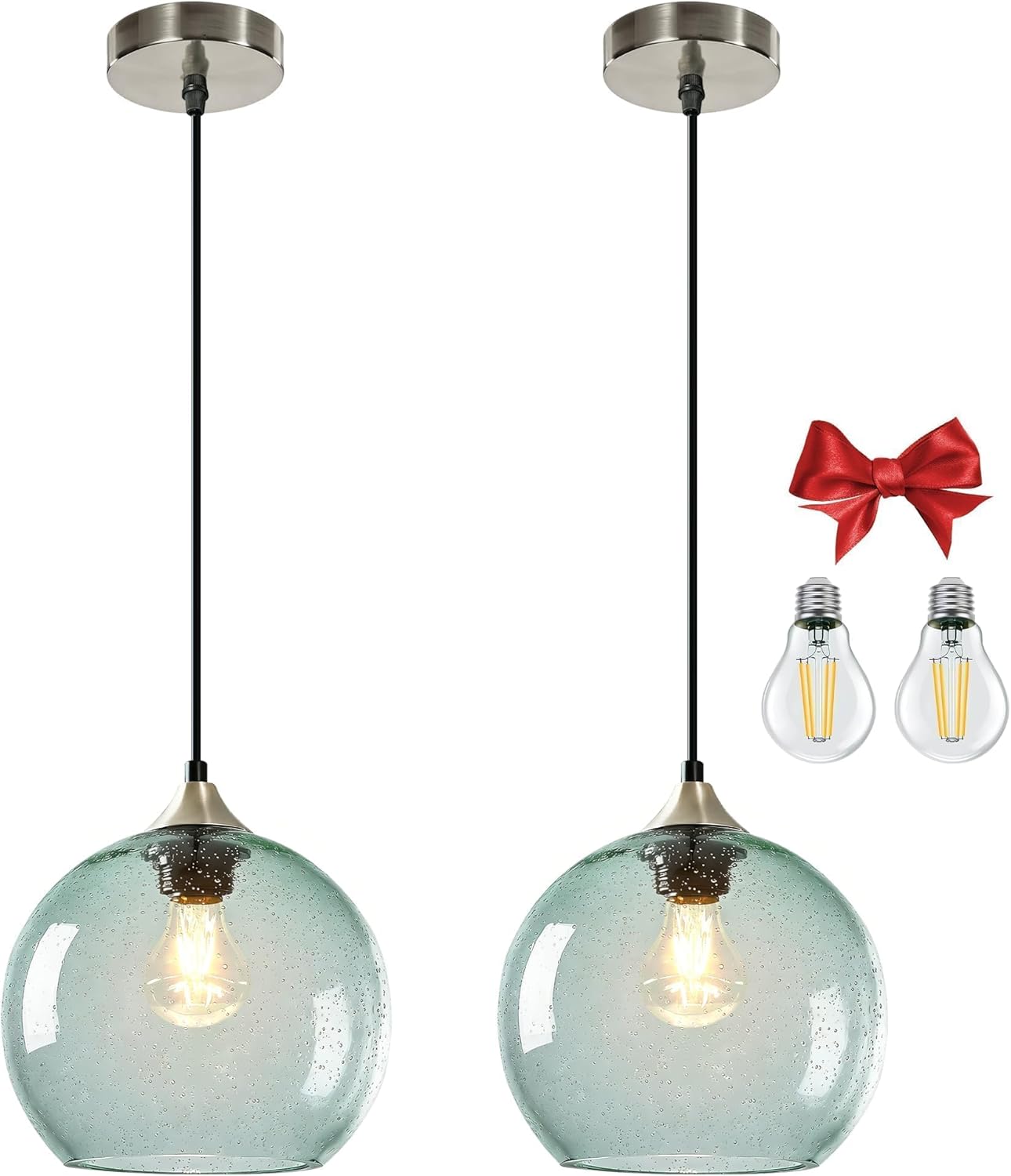 9.1in Large Light Green Glass Pendant Light for Kitchen Island, 2-Pack with Extra LED Bulbs & 4.92ft Adjustable Cord | Modern Minimalist Lighting for Dining Room, Living Room, Entryway