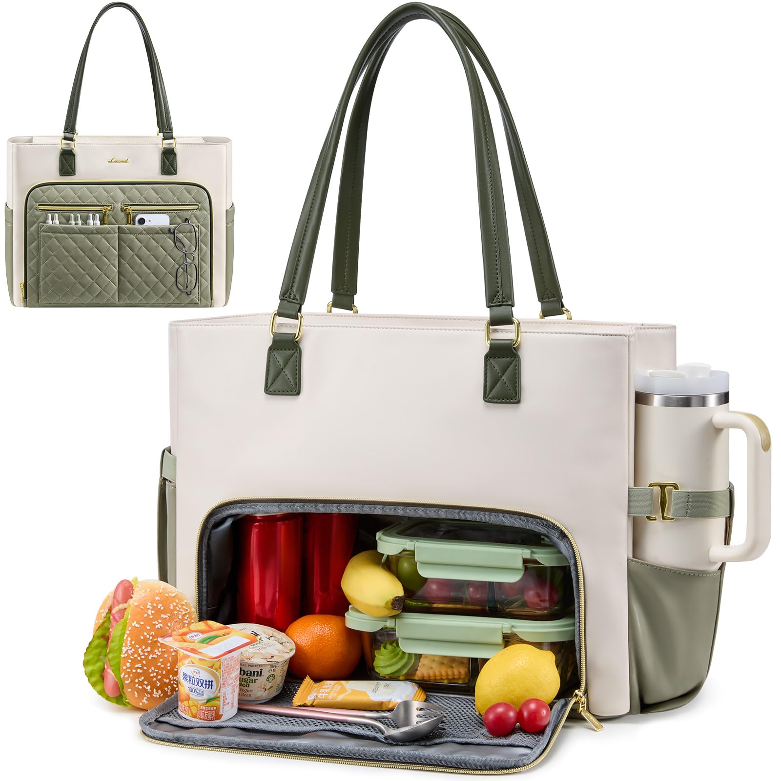 LOVEVOOK Work Bag with Lunch Compartment, 15.6-Inch Teacher Tote for Women | 3 in 1 Insulated Lunch Bag with 40OZ Cup Holder, 14 Pockets PU Leather Laptop Tote for Nurses, Office, Travel, Casual, Picnic 15.6 inch White-Green-a