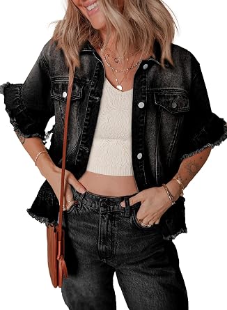 Sidefeel Womens Jean Jacket Casual Short Sleeve Button Down Trendy Ruffle Washed Denim Jacket Fall Outfits 2025