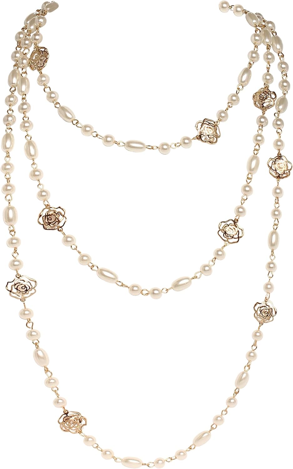 Gold Camellia Long Double Strand Pearl Necklace – Layered Vintage Style Pendant Jewelry for Women, Elegant Sweater Necklace for Party, Coat, Dress, or Blouse