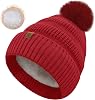 Winter Beanie Hats for Women with Faux Fur Pom Warm Cozy Knit Fleece Thermal Snow Ski Skull Cap for Cold Weather