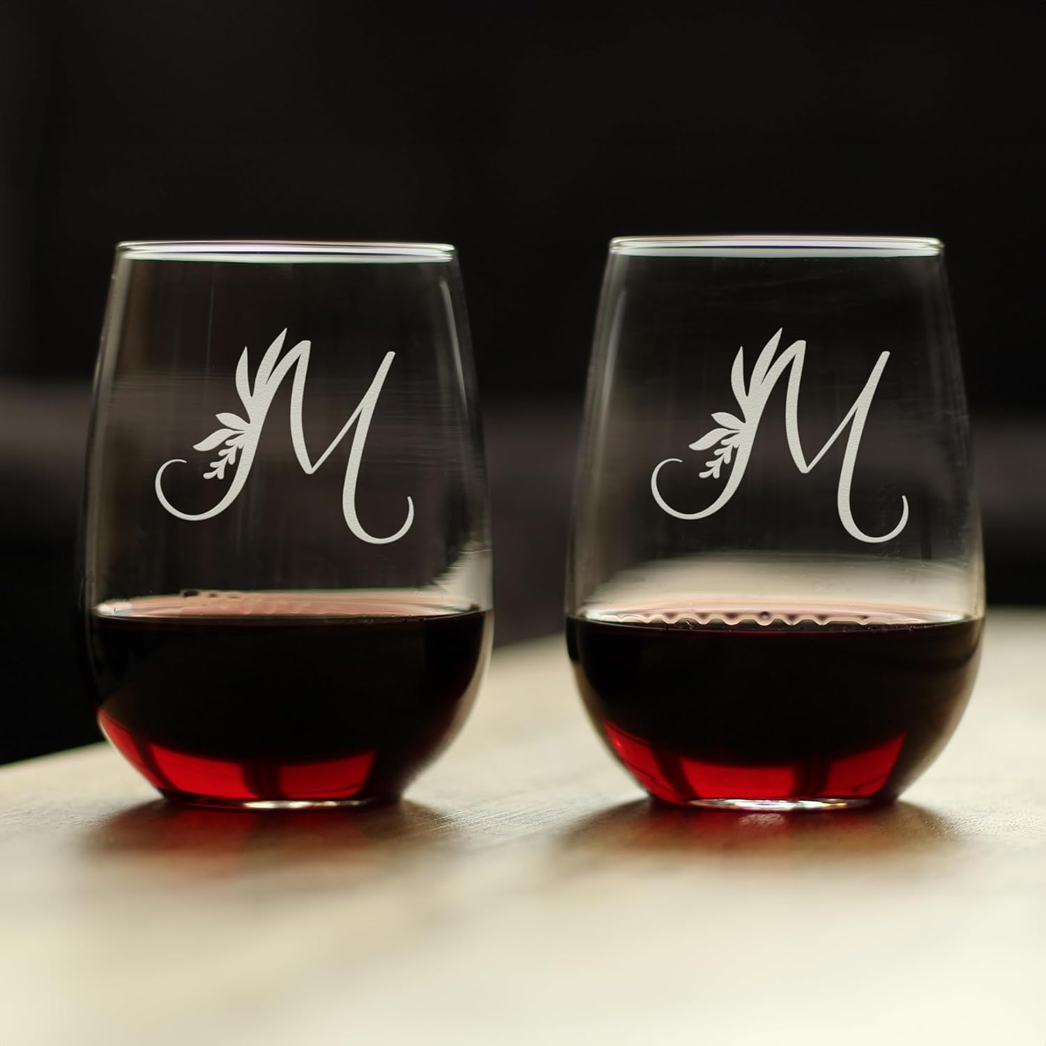 Bevvee Monogram Floral Letter M - Stemless Wine Glass - Personalized Gifts for Women and Men - Set of 2 - Large Engraved Glasses