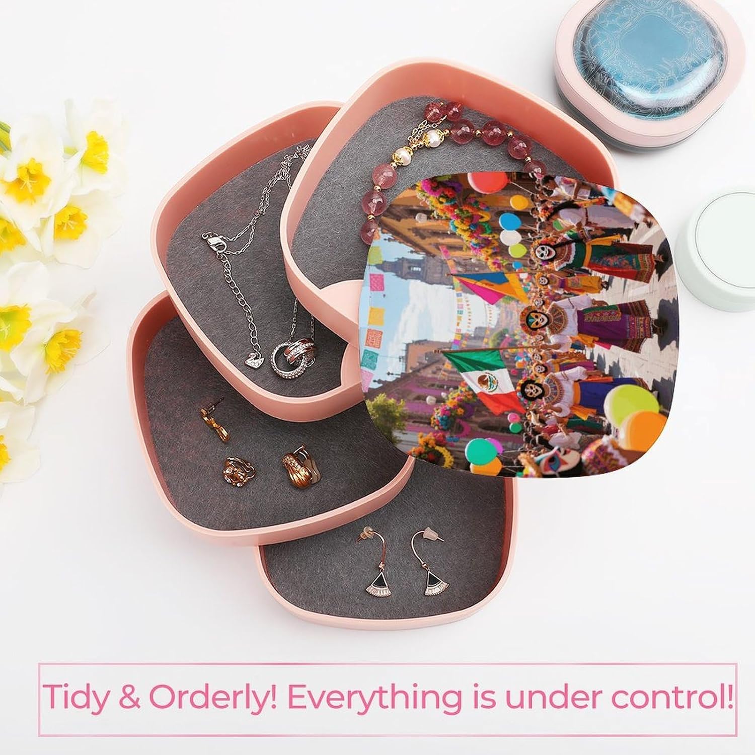 Colorful Mexico Jewelry Box Travel 4-Layer 360° Rotating Jewelry Tray Case Large Capacity Jewelrys Organizer with Mirror Small Jewelry Storage Case for Idea Gift image 5