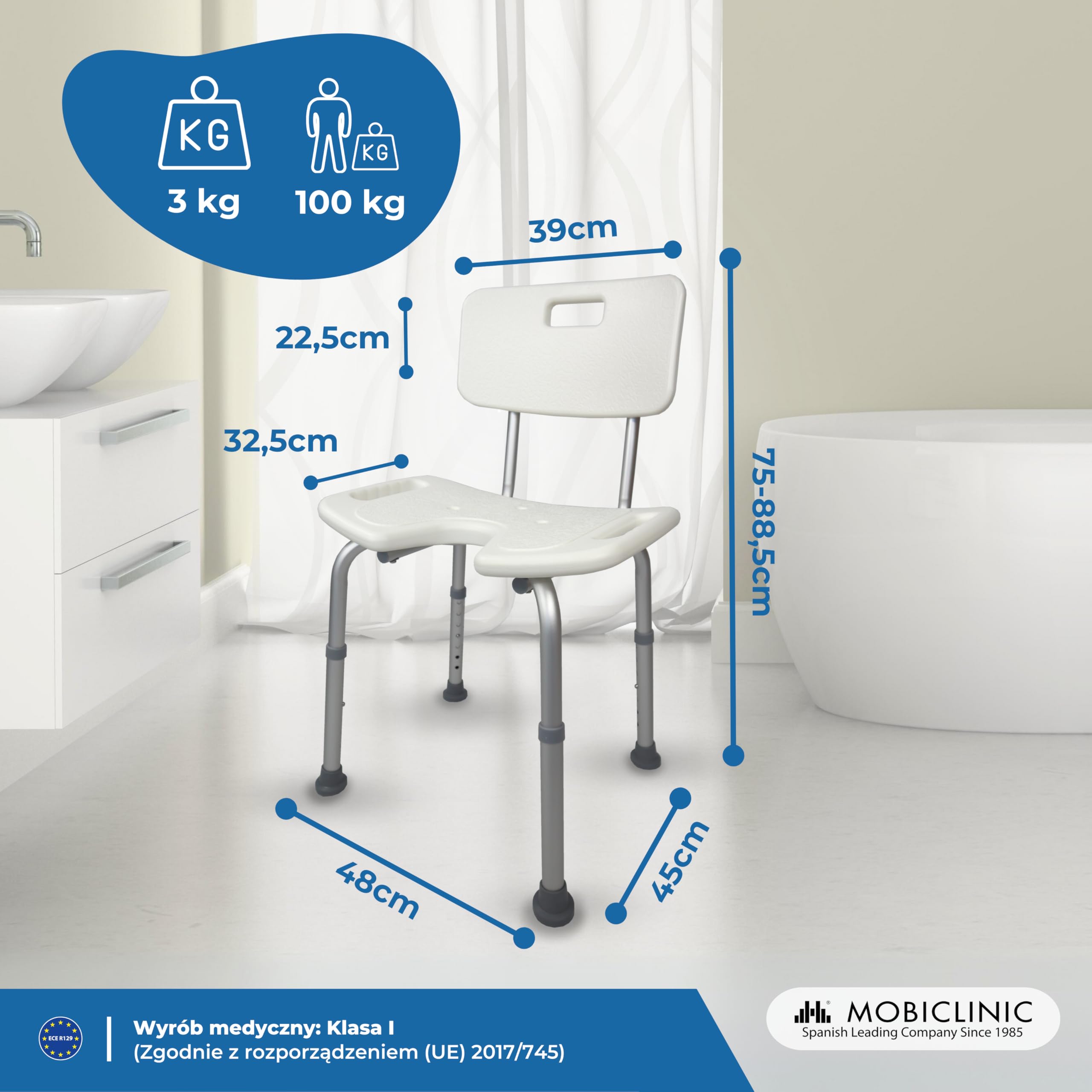Mobiclinic, model Marisma, Krzesło prysznicowe z oparciem i siedziskiem w kształcie litery U, regulacja wysokości