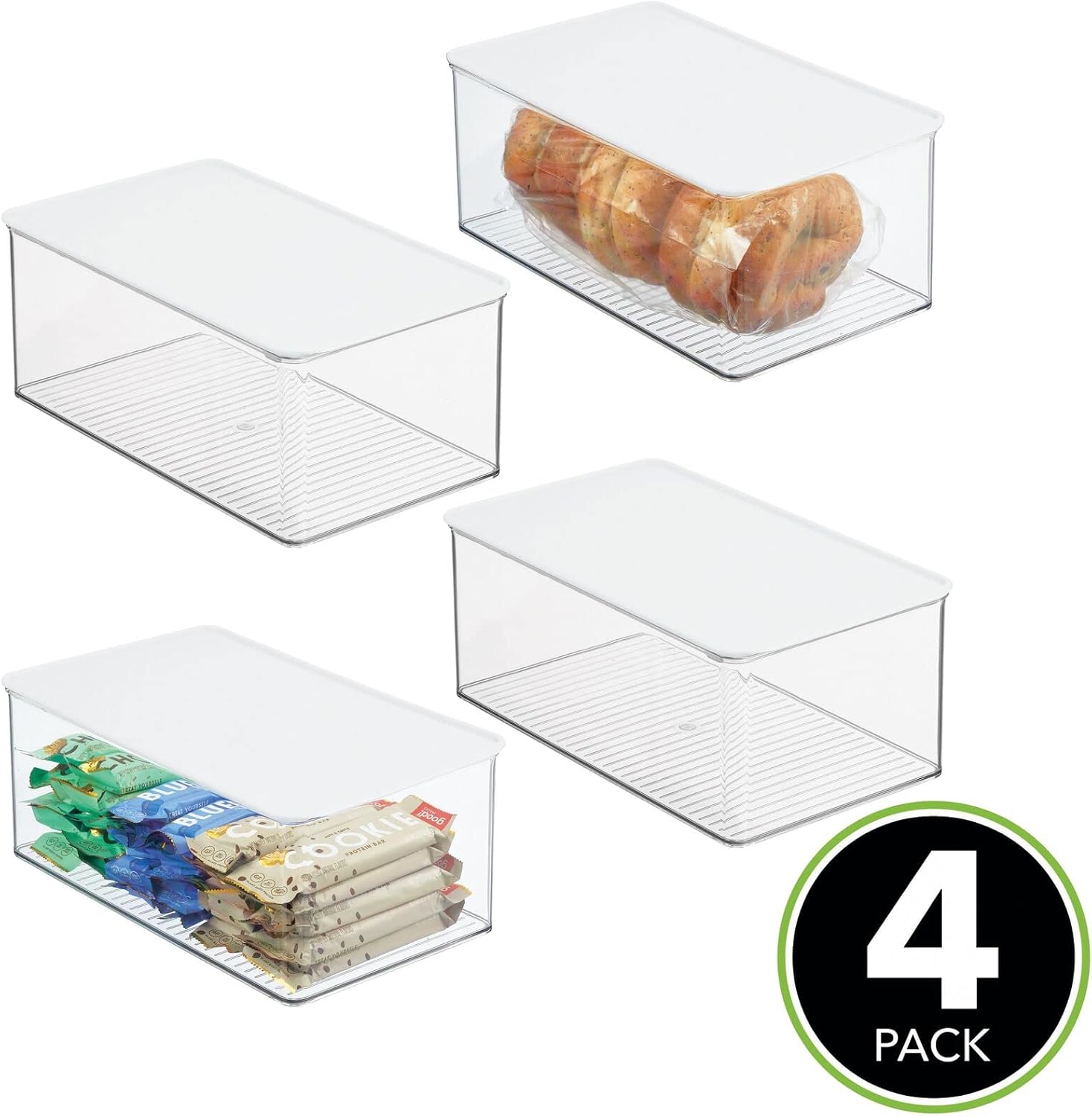 Blасk Frіdау - 70% оƒƒ mDesign Plastic Stackable Kitchen Pantry Box for Cabinet, Refrigerator, Pantry, Counter, Food Storage Container, Attached Lid - Organizer for Coffee, Tea, Packets, Snack Bars, 4 Pack - Clear/White