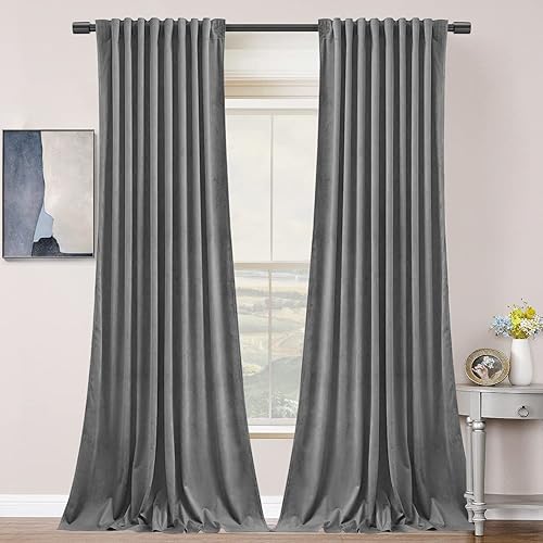 SNITIE Grey 108 in Long Velvet Curtains with Back Tab and Rod Pocket Thermal Insulated Soft Privacy Light Filtering Velvet Drapes for Bedroom and Living Room, Set of 2 Panels, 52 x 108 Inches Long