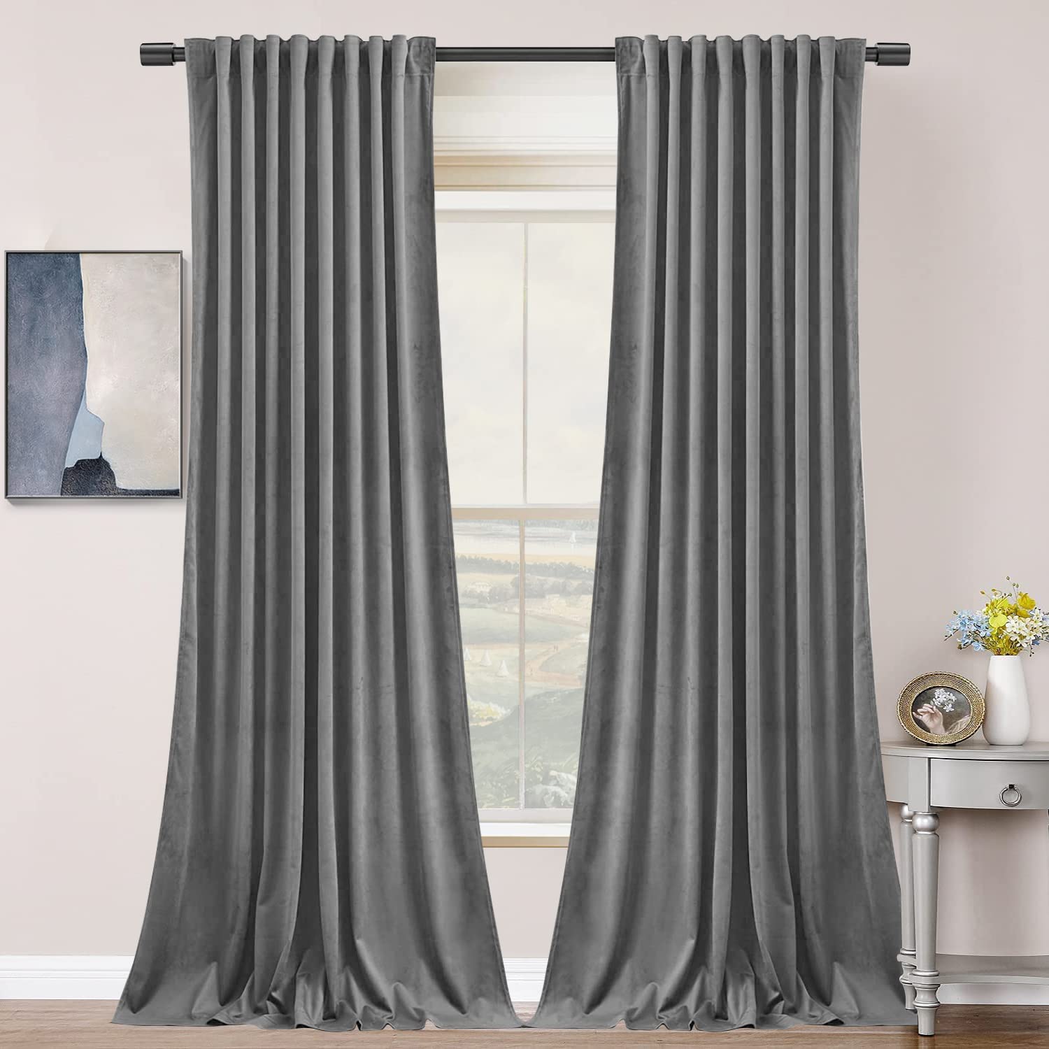 SNITIE Grey 96 in Long Velvet Curtains with Back Tab and Rod Pocket Thermal Insulated Soft Privacy Light Filtering Velvet Drapes for Bedroom and Living Room, Set of 2 Panels, 52 x 96 Inches Long