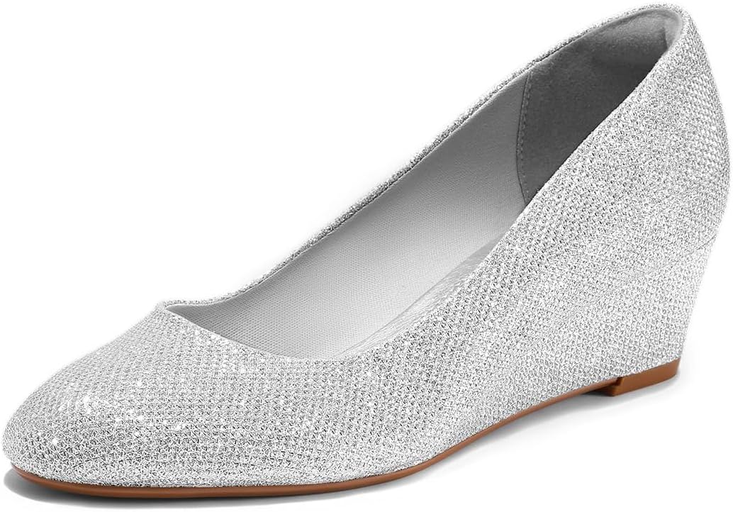 FSJ Women Round Toe Wedge Heels Pumps Closed Toe Solid Slip On Mid Heels Wedding Bride Dress Shoes Size 4-15 US