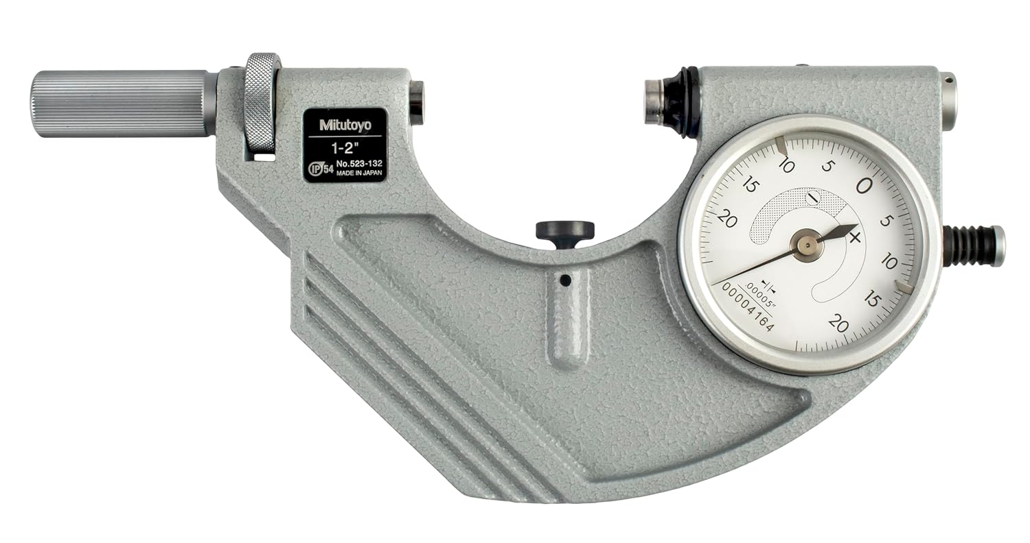 Mitutoyo 523-132 Dial Snap Meter, 1-2" Range, 0.00005" Resolution, +/-0.0023" Indicating Range, 810g Mass