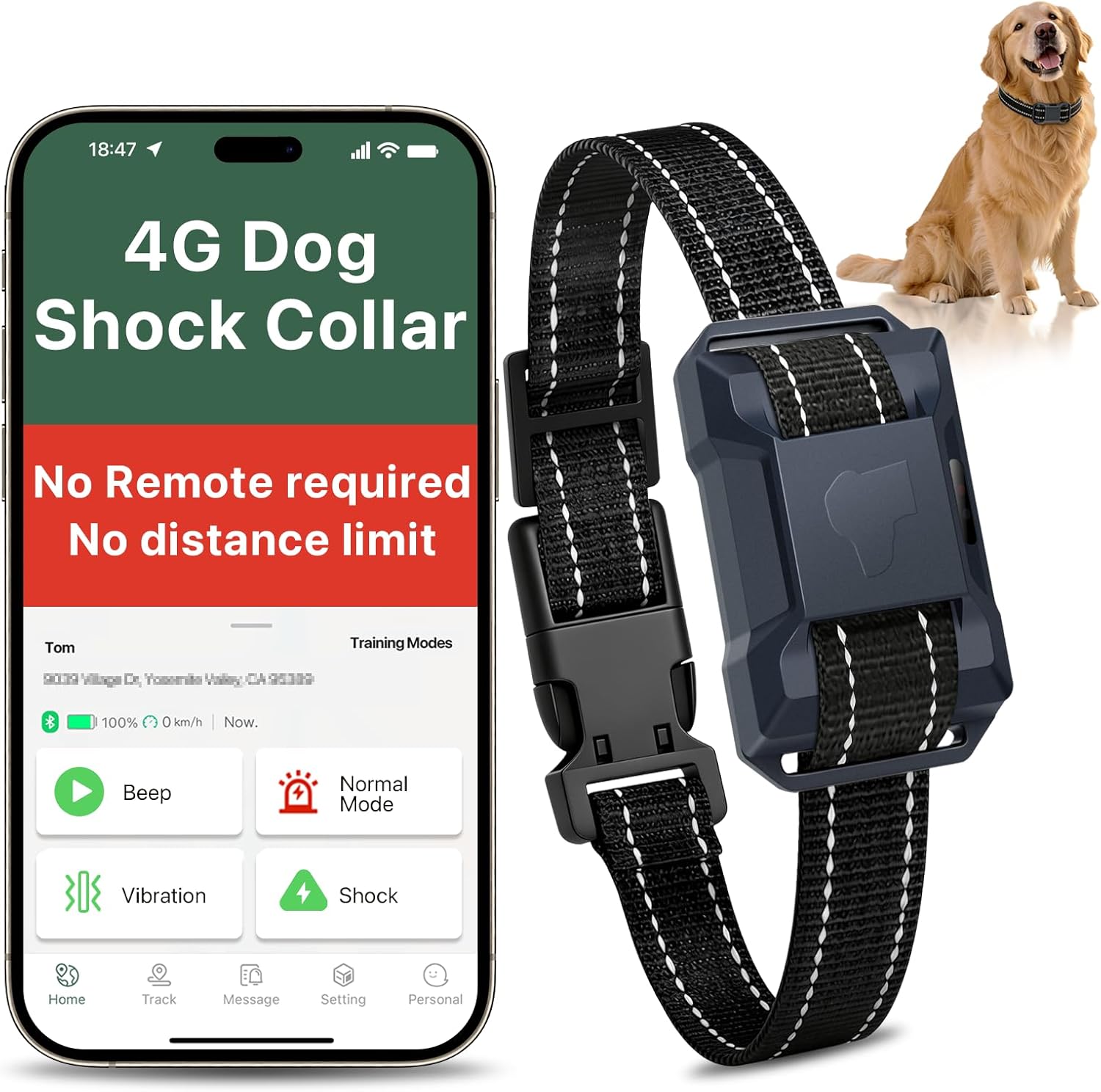BenarLee 4G Dog Shock Collar with APP Control, No Remote Needed&No Range Limit, Electric Shock Collars for Training&Tracking, Rechargeable Dog E Collar 4 Modes for Various Dogs, IP68 Waterproof