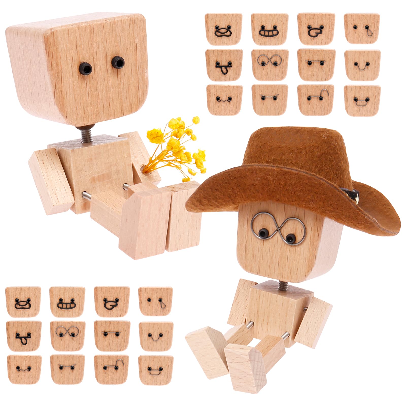 2Pcs Shaking Wooden Man, Shaking Wooden Man Figurine for Car Dashboard, Handmade Shak Feet Woodens Doll, Funny Cars Ornaments Wood Desktop Decor, Car Dashboard Accessories with Expressions(set A)