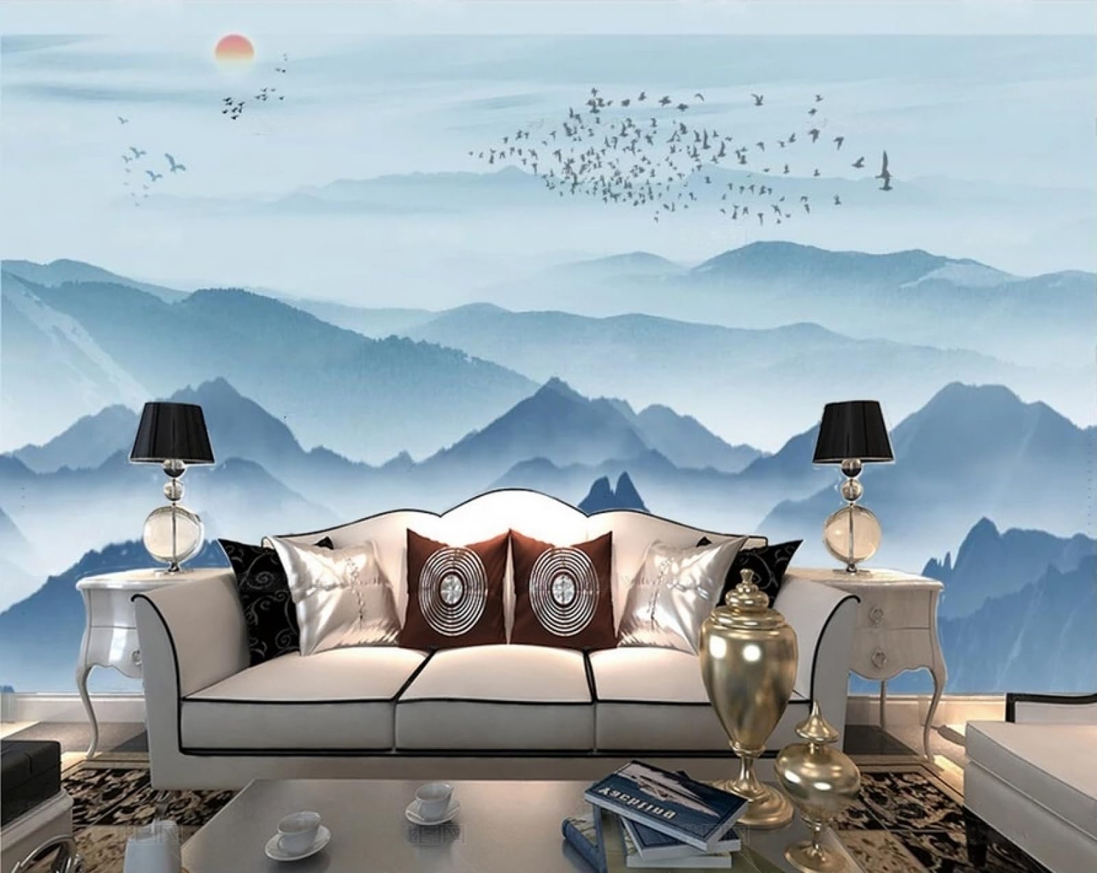 Carta da Parati Panoramica Intissato Montagne Blu,Zen,Paesaggio Naturale Wallpaper per Camera da Letto, Soggiorno 200x140cm