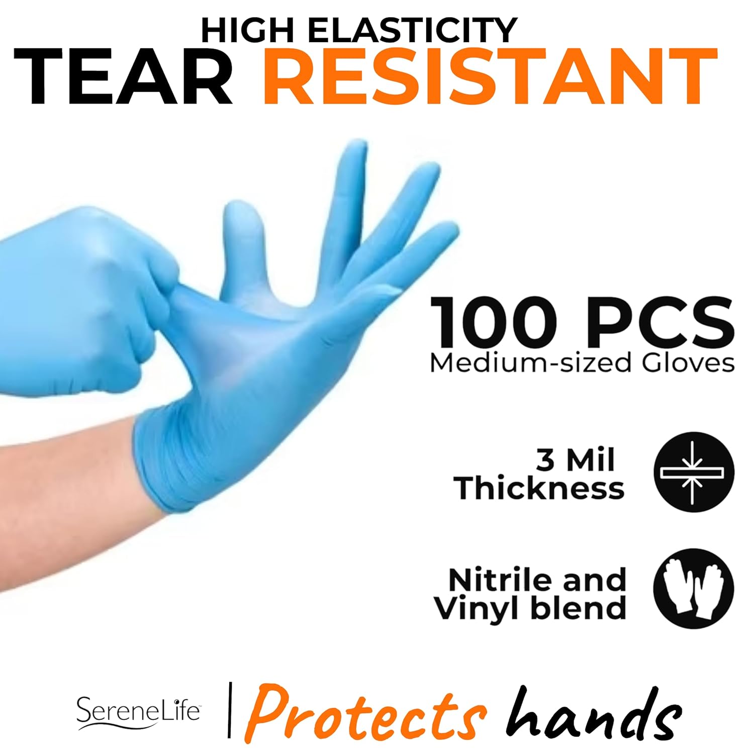 SereneLife 100 Pcs Nitrile Blend Disposable Gloves - Soft Industrial Gloves, Nitrile and Vinyl Blend Gloves Powder-Free, Latex-Free Protective Gloves, Soft and Comfortable (X-Large)