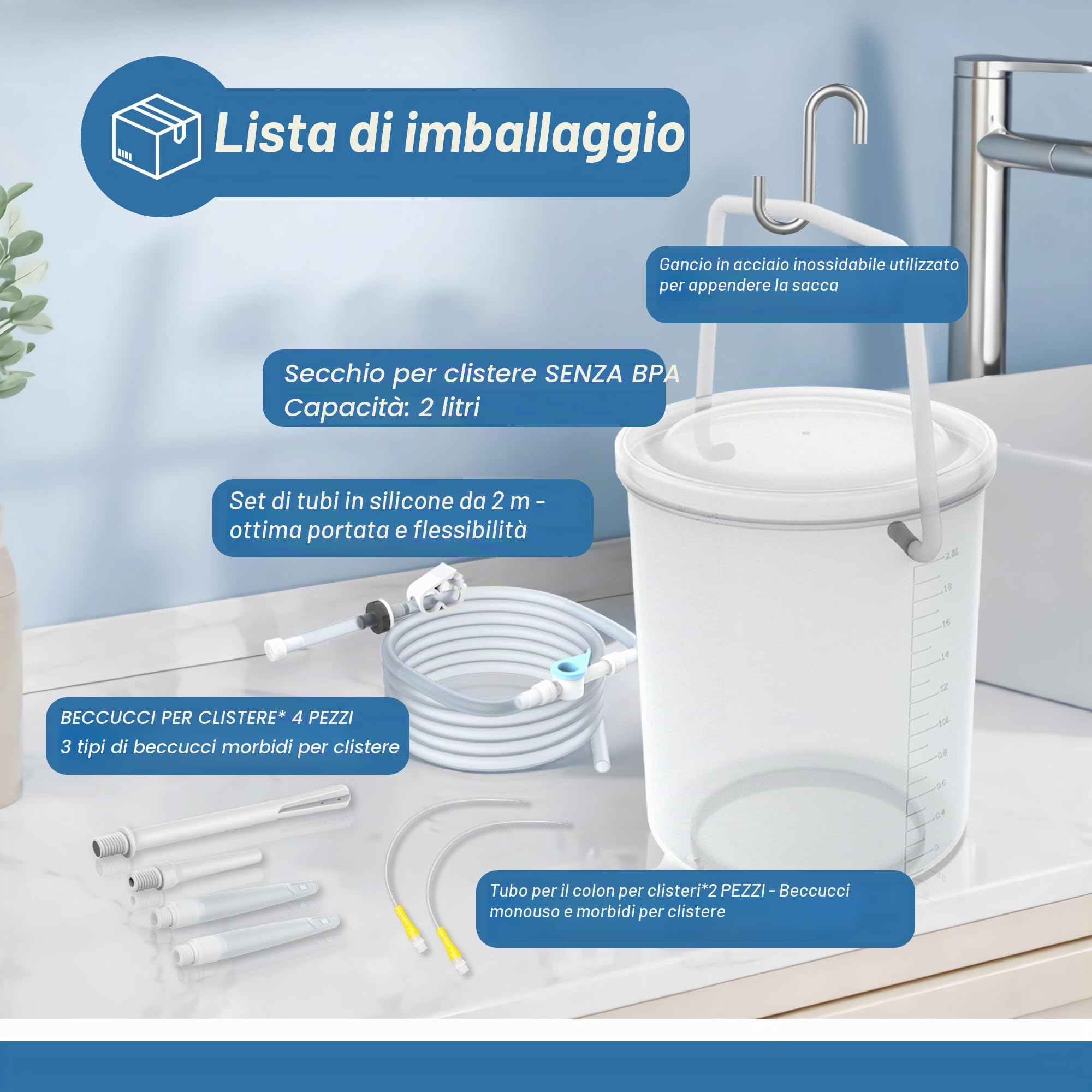 TopQuaFocus - Kit secchio per clistere per pulizia del colon 2L Secchio per clistere in plastica impermeabile Soffione doccia per clistere da 6 pezzi