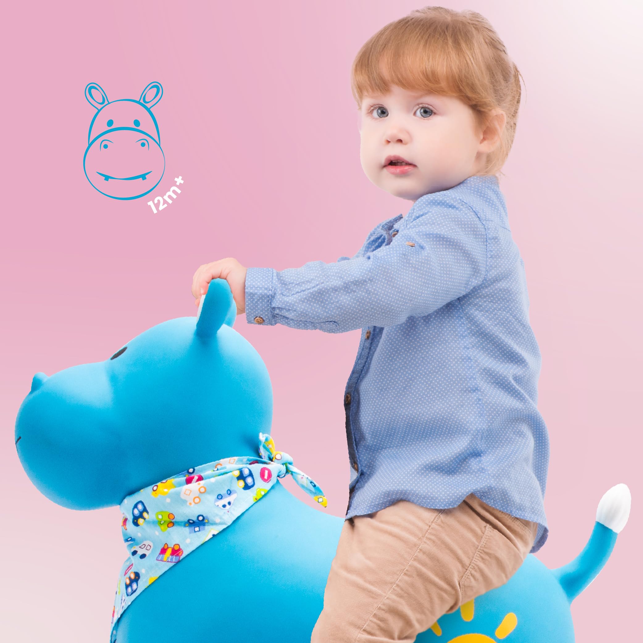 sun baby Saltador Hinchable para Niños hasta 45 Kg sin BPA, de 1 año, Pelotas saltarinas para niños (Hipopótamo Azul con pañuelo) - 4