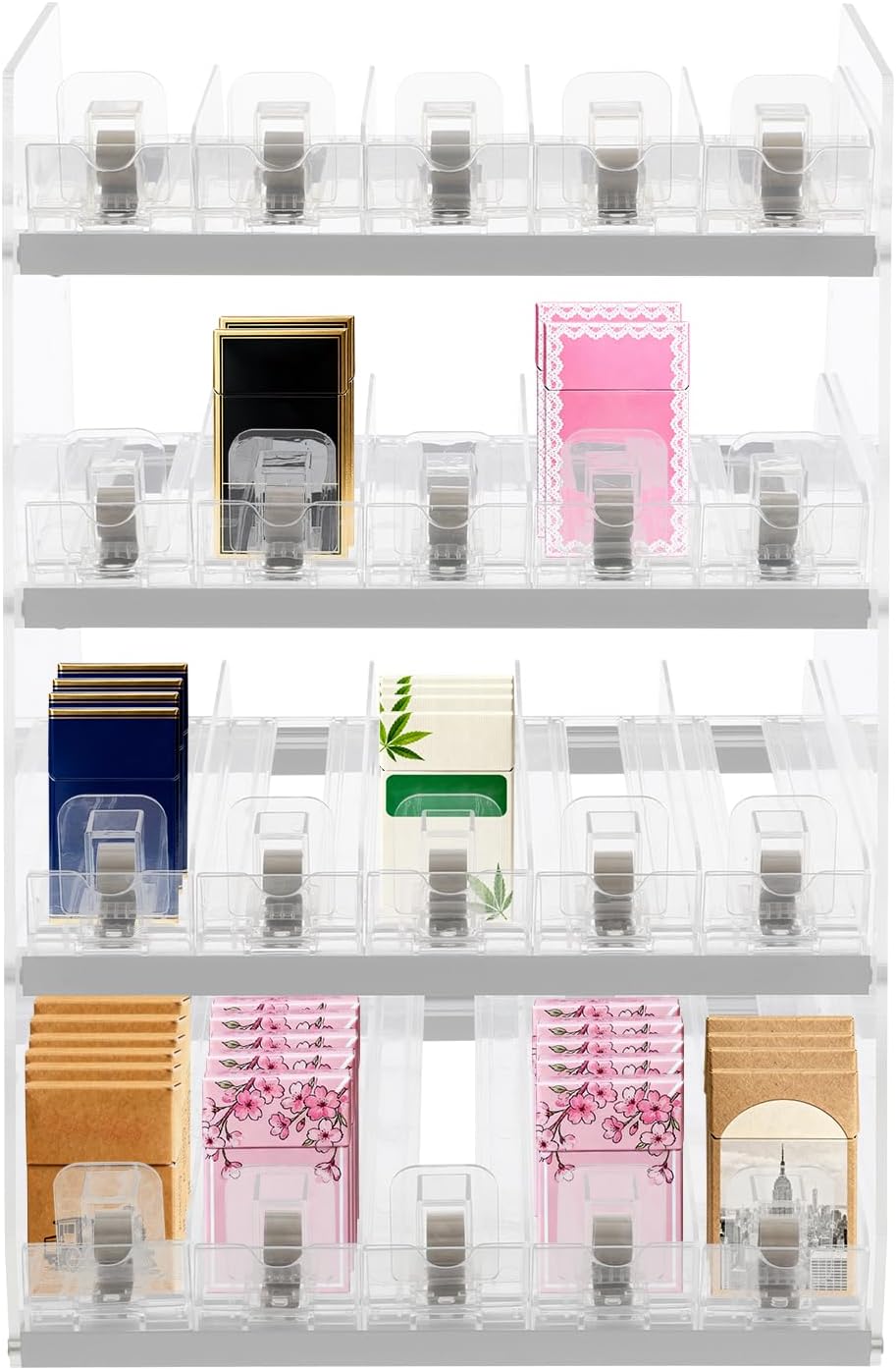 250 Capacity Cigarette Display Holder, 5-Tier Cigarette Display Rack Organizer, Automatic Cigarette Pusher Tray for Retail Store, Clear Acrylic Cigarette Display Stand Rack for Smoke Shops (4-Tier)