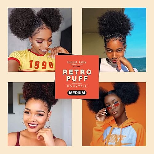 Miniatura 7 de GLAM21USA Afro - Peluca de cola de caballo rizada con cordón y clip en moño para mujeres negras, extensión de cabello sintético (MEDIUM, 1B (negro