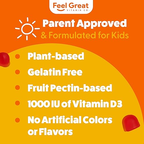 Vista 6 de Feel Great Vitamin Co - Gomitas de vitamina D para niños (suministro de 3 meses) Vitamina D3 para niños (1000 UI) Deliciosas gomitas