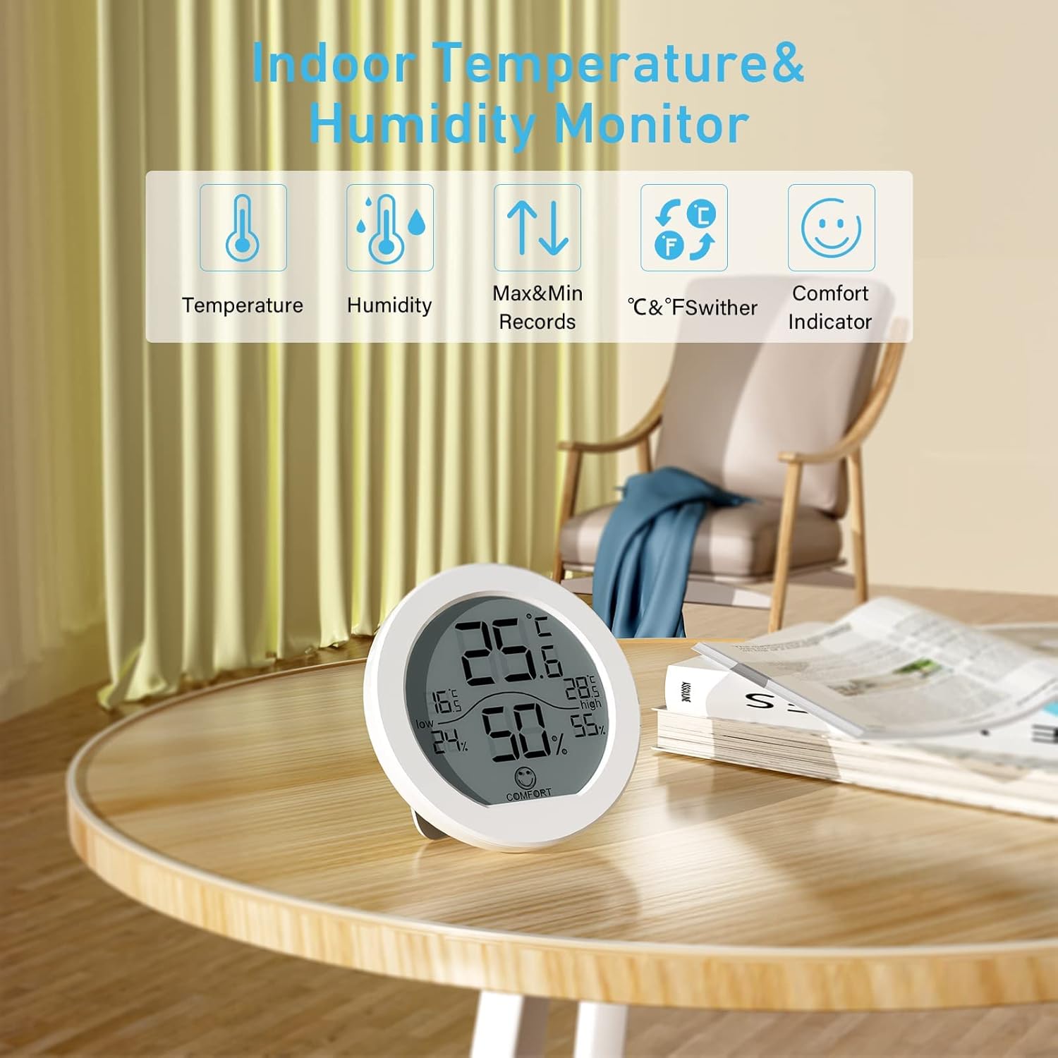 Digital Hygrometer 3 Pack Room Thermometer and Humidity Gauge LCD Hygrometer with Max and Min Records (White)