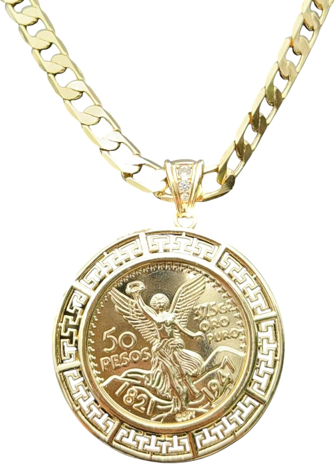 14K Gold Plated Mexican 50 Pesos Gold Pendant Necklace with Aztec Coin Design – Figaro Cuban or Rope Chain 18 to 24 Inch – Unisex Hip Hop Jewelry Brass Souvenir Gift