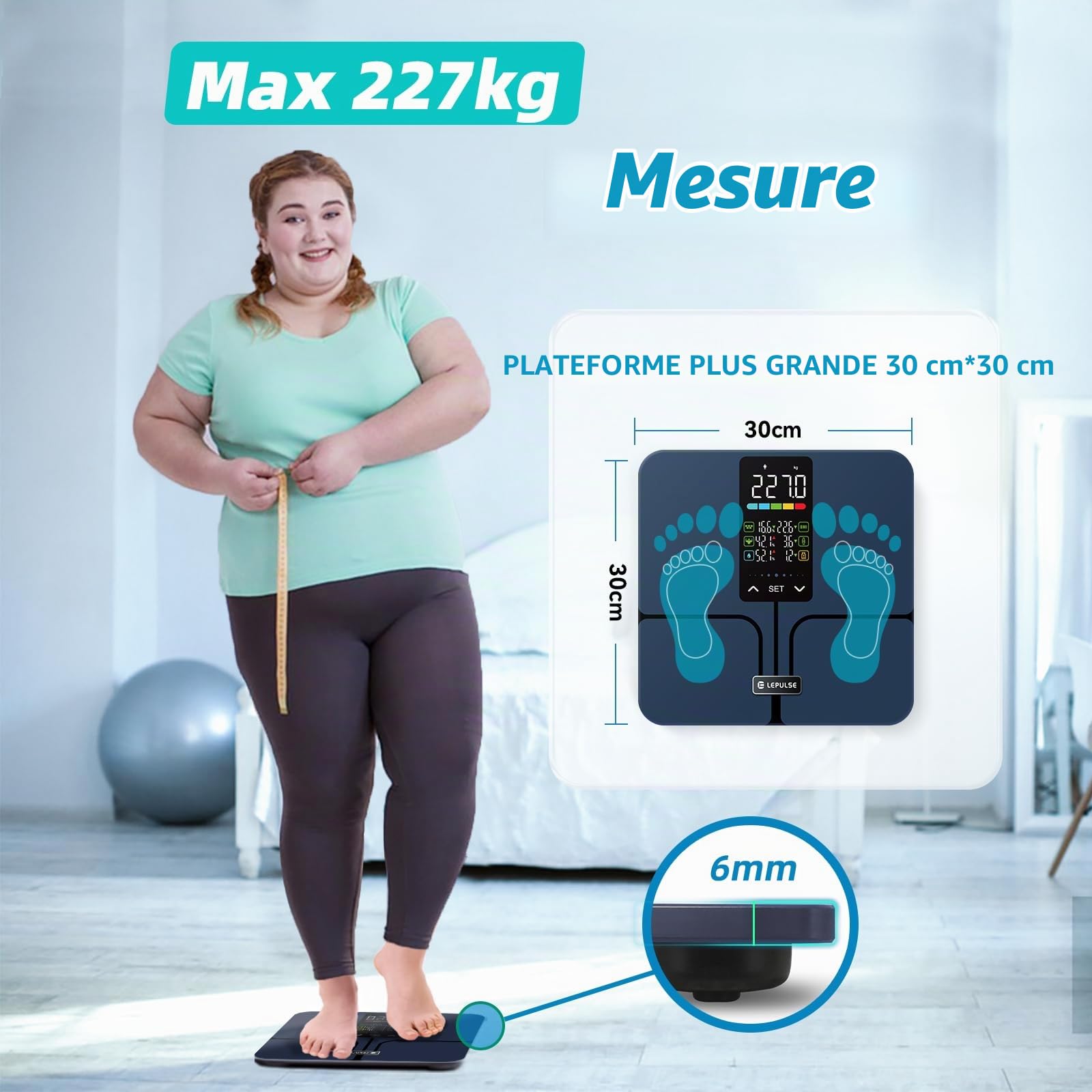 Balance Pese Personne Sans Application, 227 Kg, 5,44" Grand Écran, 8 Indicateurs Avec Technologie Revêtement ITO, Pese Personne Masse Graisseuse Et Muscle, 10 Identifiants Utilisateur, 30*30 cm