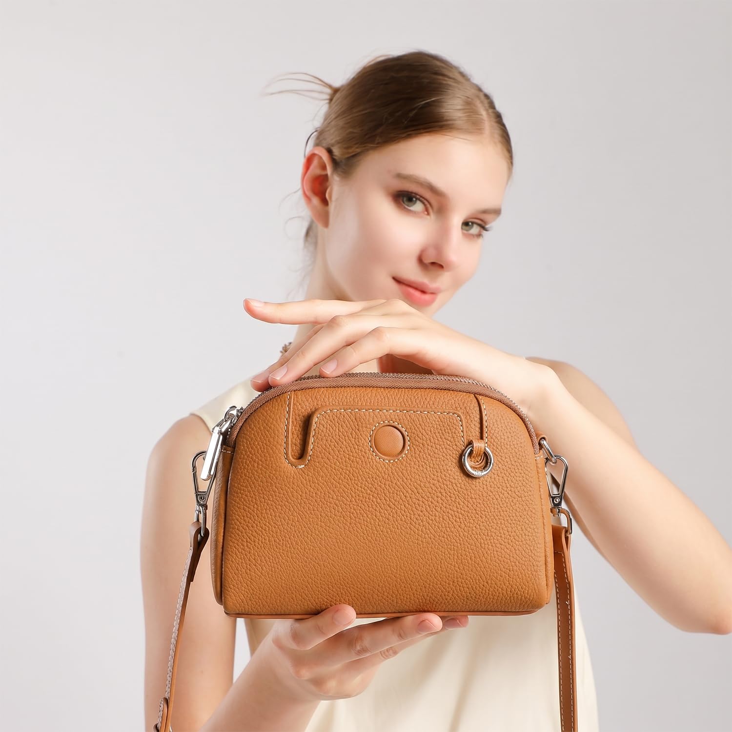 Bolso Bandolera Mujer de Cuero Flor Genuino, Gran Capacidad Bolso Diario con Monedero Mini, Elegante Bolso de Hombro Minimalista para Trabajo Marrón