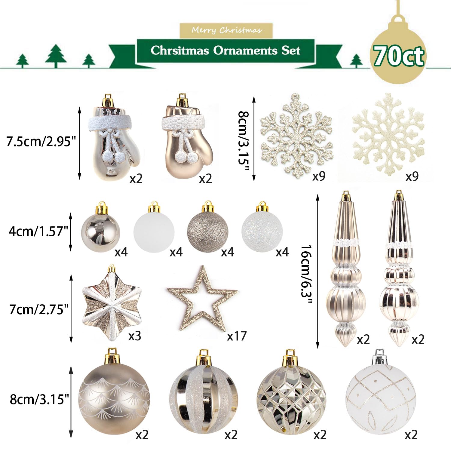 SVNVIOZ 70 Stück Weihnachtskugeln Set Champagner Weiß, Christbaumkugeln Kunststoff Deko Weihnachten, Weihnachtsbaumschmuck mit Aufhänger, Weihnachtsbaumkugeln für Weihnachtsdeko Innen Aussen