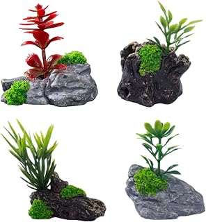 4Pcs Miniature Artificial Stone Rocks and Trees with Plants – Decorative Landscape Ornaments for Fairy Garden Accessories, Aquarium Decorations, Glass Dome Displays, DIY Craft Projects, Tabletop Décor