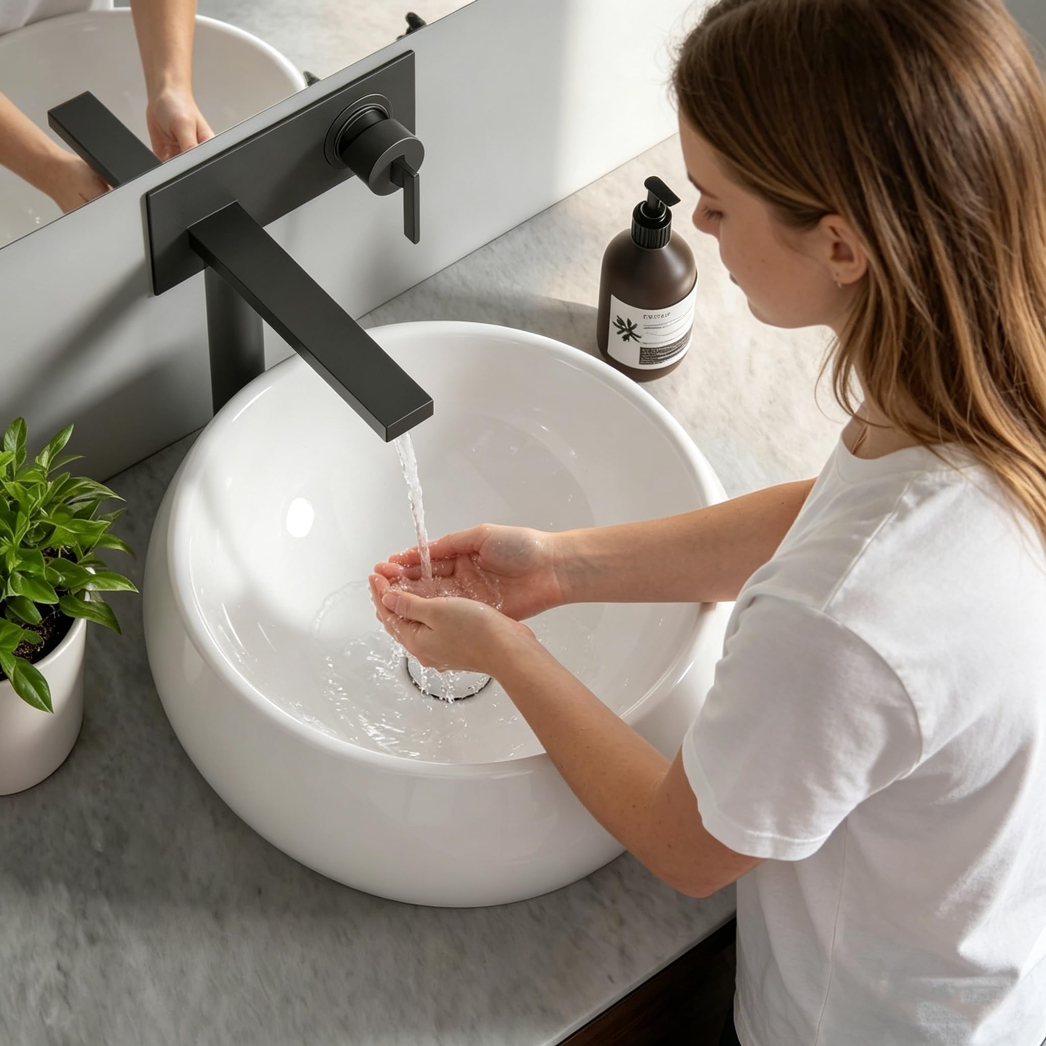 NUESTRA VIDA Lavabo de Cerámica para Baño, Lavabo Sobre Encimera Lavamanos Redondo de Baño 40 × 40 ×15,5cm, Ideal para Poner Sobre Encimera de Muebles de Baños y Aseos