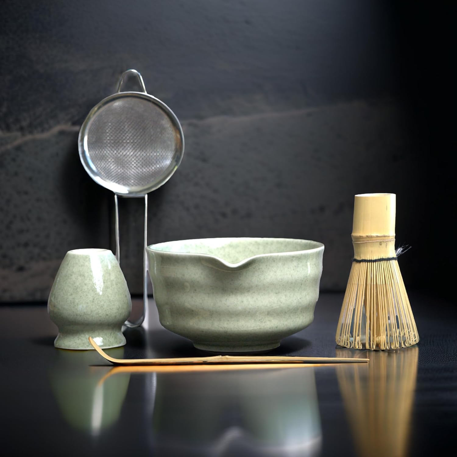 Matcha Whisk Set, Matcha Set, Handcrafted Bamboo Chasen & Ceramic Bowl Matcha Kit, 5 Pcs Matcha Set Whisk and Bowl with Stainless Steel Sifter, Tea Ceremony, Jade - Image 7